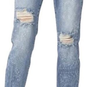 JUDY BLUE Paisley Contrast Print Distressed Denim, EUC, Sz 1/25 (Run BIG!)💙🩵